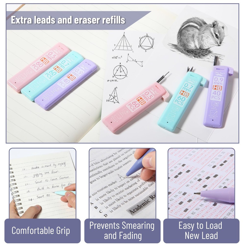 Pastel Mechanical Pencil Set include Lead Refills and Erasers mixed