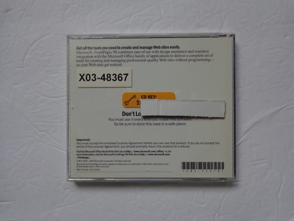 Microsoft Frontpage 98 Upgrade With Key For Windows CD-ROM