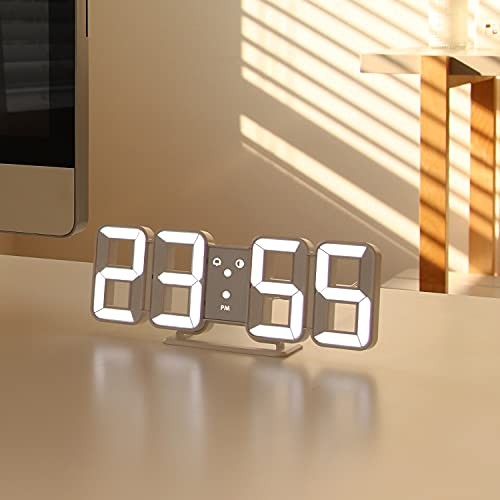 3D Pure Mini White LED Clock, Multi-Function LED 8.5" White Table Alarm Clock