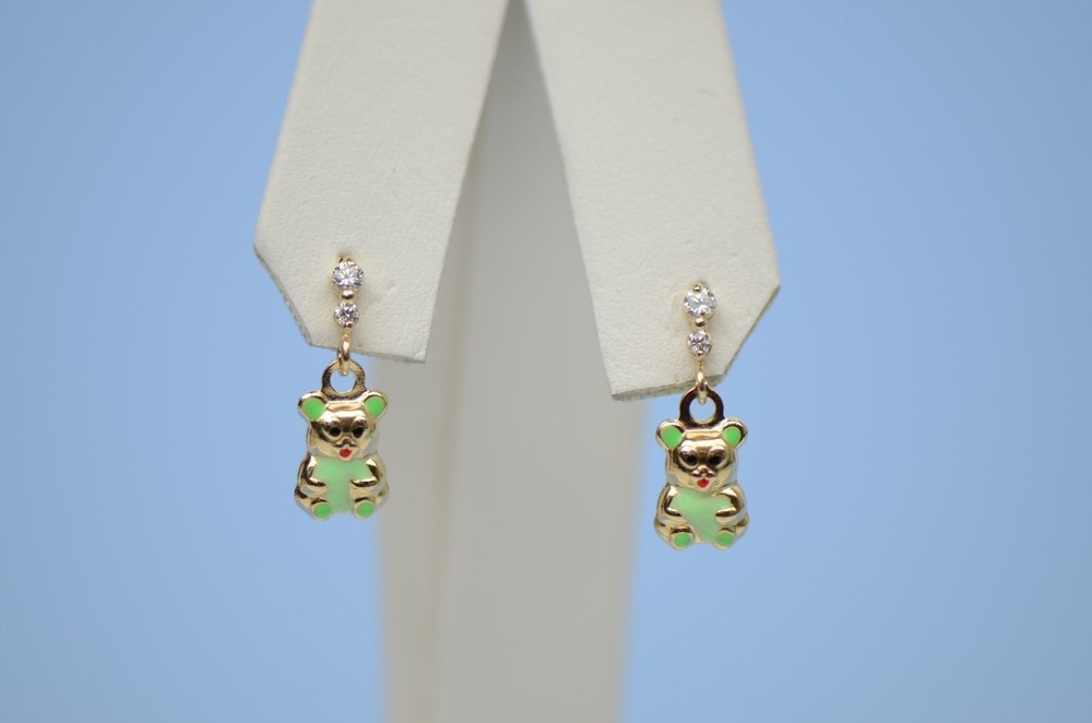 14K Solid Yellow Gold Teddy Bear Dangle Earring with Enamel