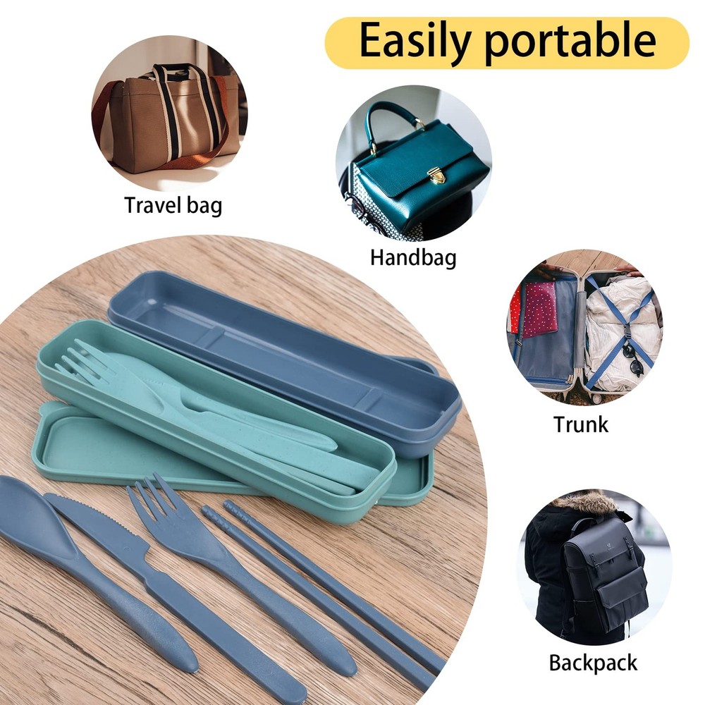 2 Sets Plastic Reusable Utensils Set with Case Travel Chopsticks Fork Spoon