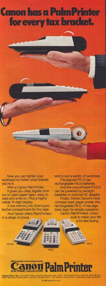 1982 Canon Palm Printer Print Ad Calculator