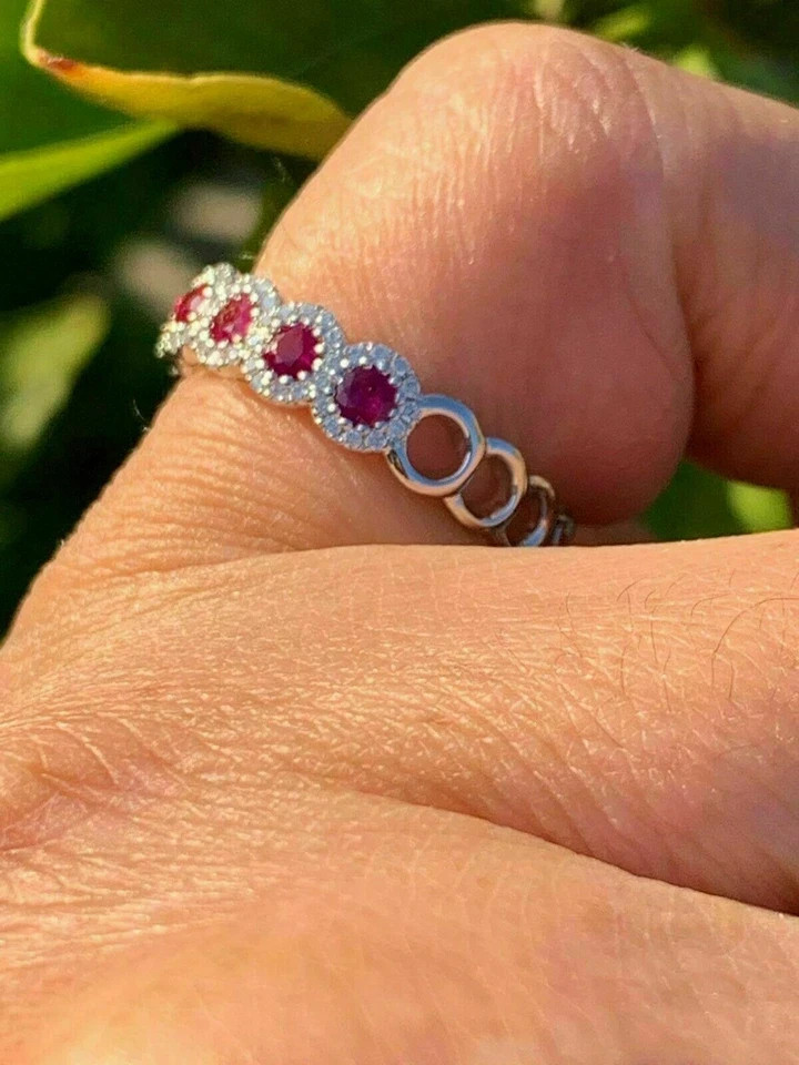 14K White Gold Plated 2.60Ct Lab Created Round Cut Red Ruby Diamond Band Ring
