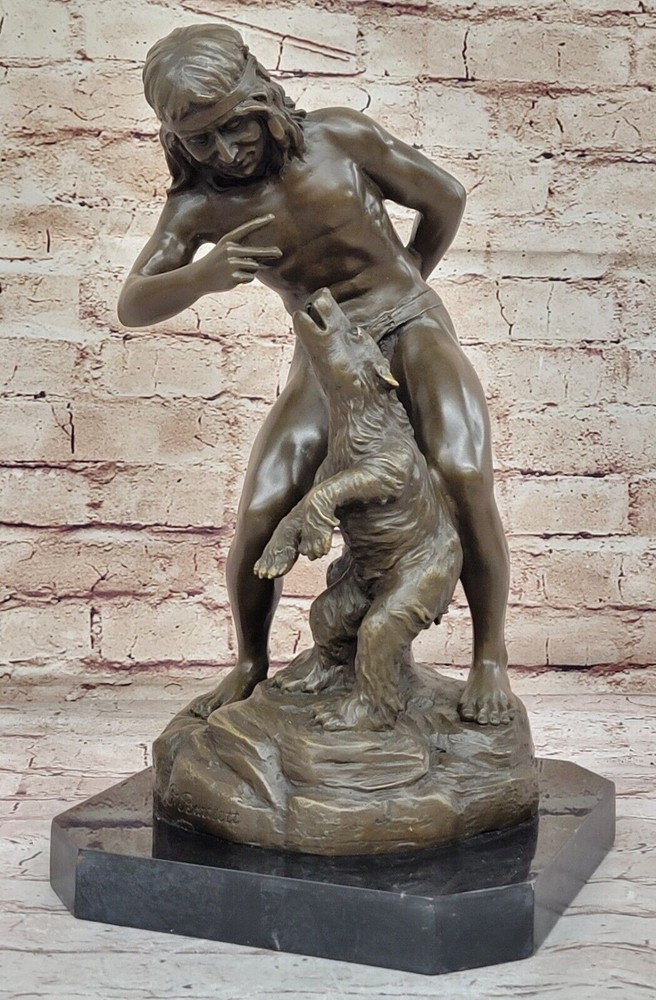 AMERICAN NATIVE TRAINING A BEAR BRONZE SCULPTURE STATUE ON MARBLE BASE ARTWORK