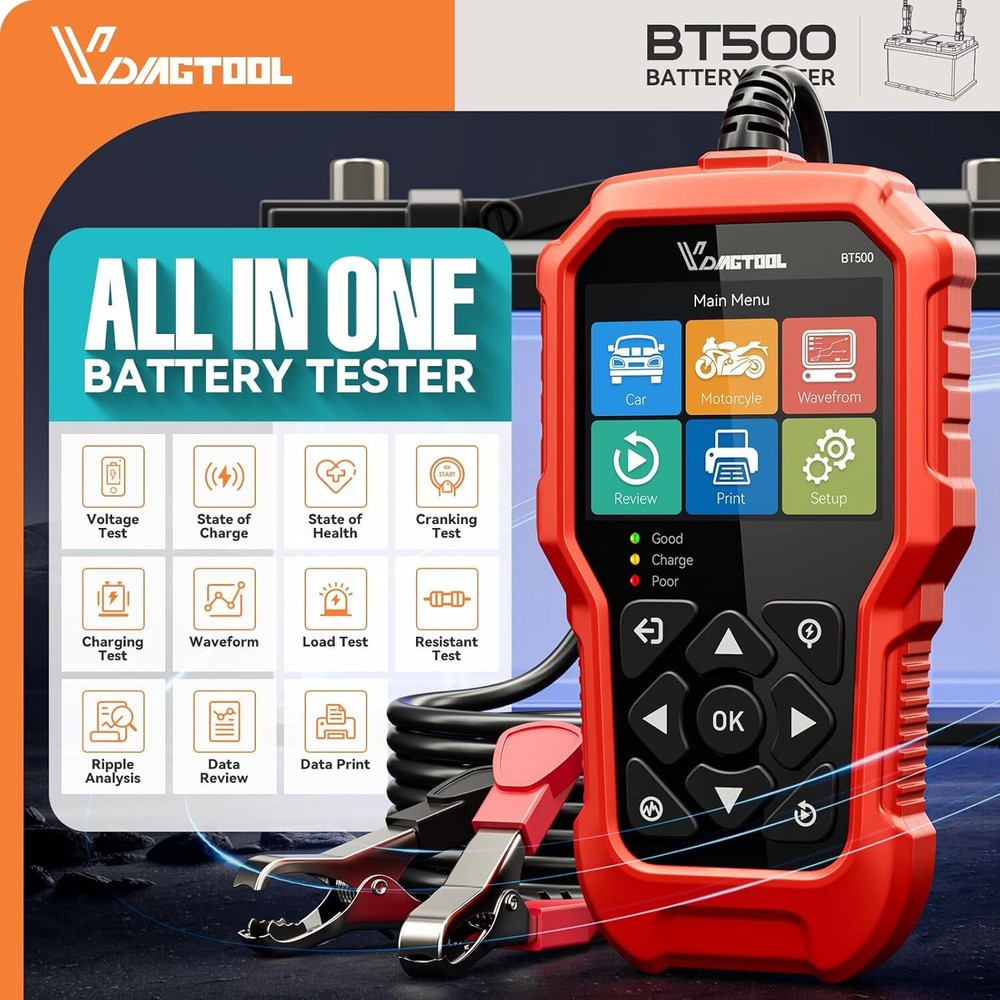 VDIAGTOOL BT500 Auto Battery Tester 5-3000 CCA Battery Capacitor Analyzer Tools