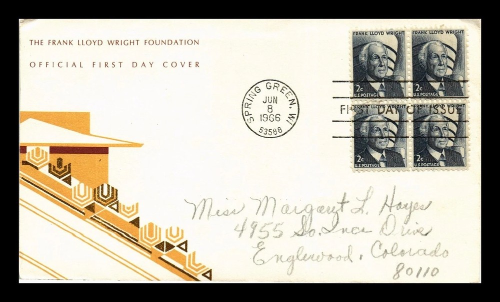 ARCHITECT FRANK LLOYD WRIGHT TALIESEN 1966 M-26 1ST CACHET SPRING GREEN FDC PENC