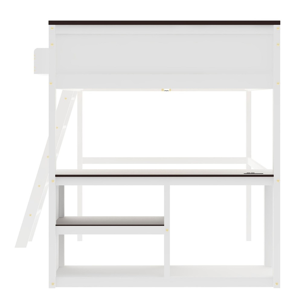 Queen Size Loft Bed with Desk Ladder Storage Shelf Solid Wood Bedroom Bed Frame