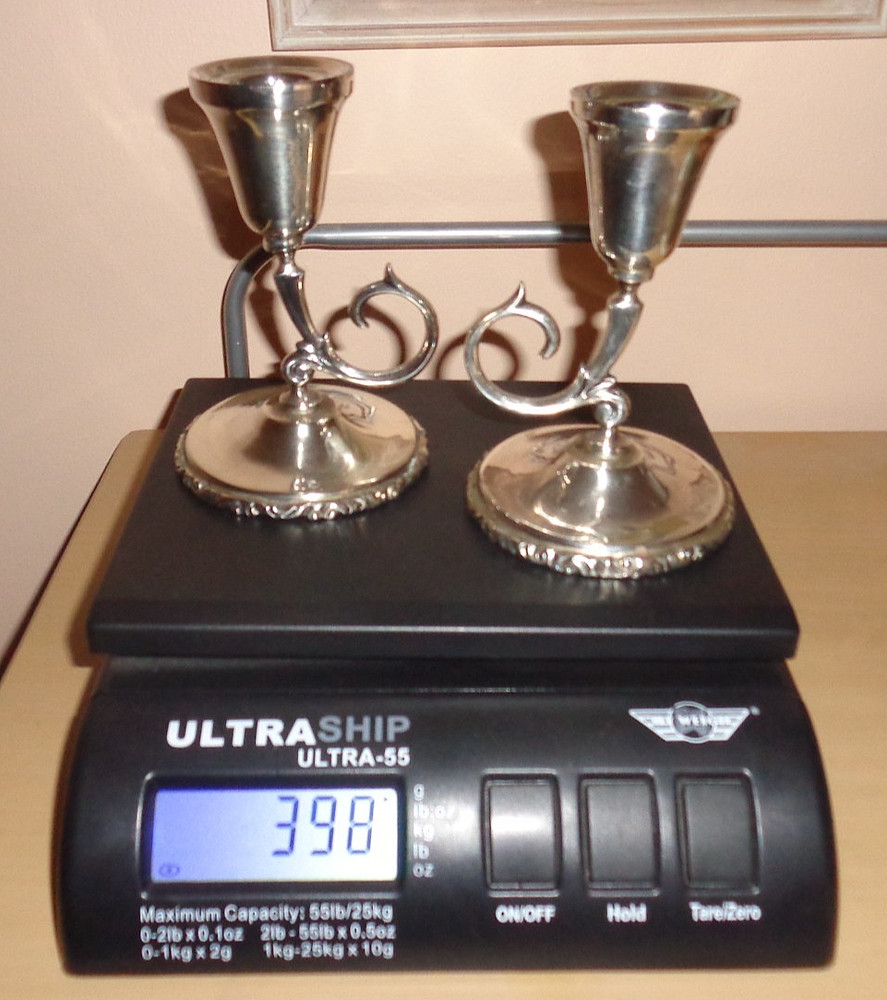 Pair Mexican Sterling Silver Chamberstick Candlestick Scroll Handle 398 Grams