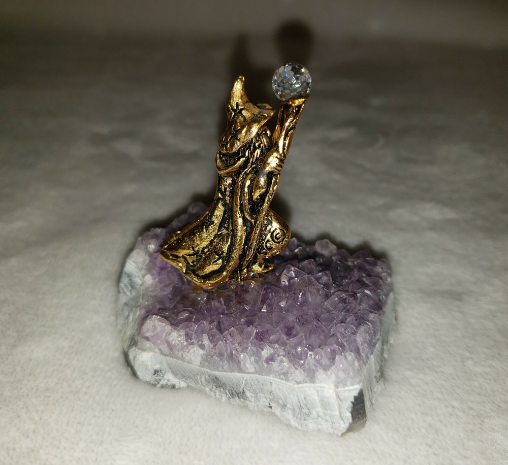 Gold Tone Wizard on Amethyst Crystal Base