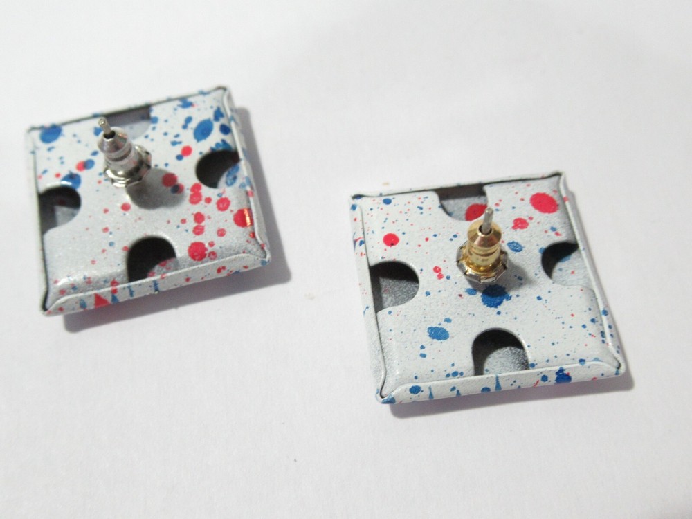 Patriotic Red White Blue Splatter Pattern Pierced Earrings Enamel