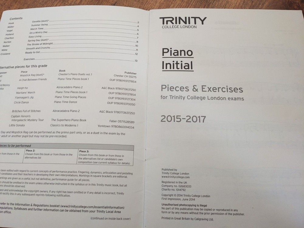 Trinity Initial Pieces and Exercises 2015-2017 piano book