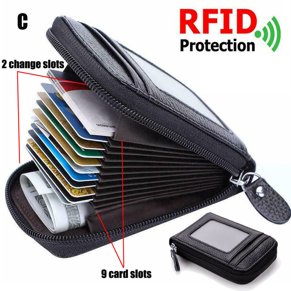RFID Blocking Men Wallet Credit Card Holder Genuine Leather Zipper Pocket Thin