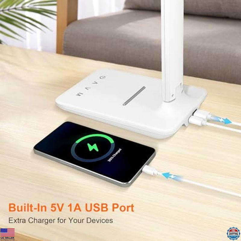 Karidi 13.3" LED Desk Lamp - Dimmable, USB, 5 Modes, Touch Control, Foldable