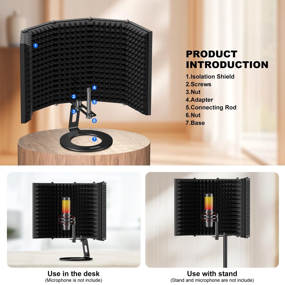 Microphone Isolation Shield, Foldable Mic Shield with Triple Sound Insulation, R