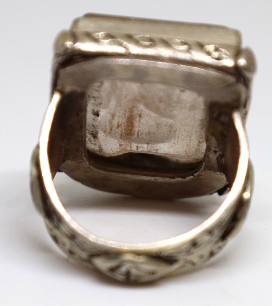 ANCIENT ROMAN KING INTAGLIO SOLID SILVER ANTIQUE OLD RING CRYSTAL STONE