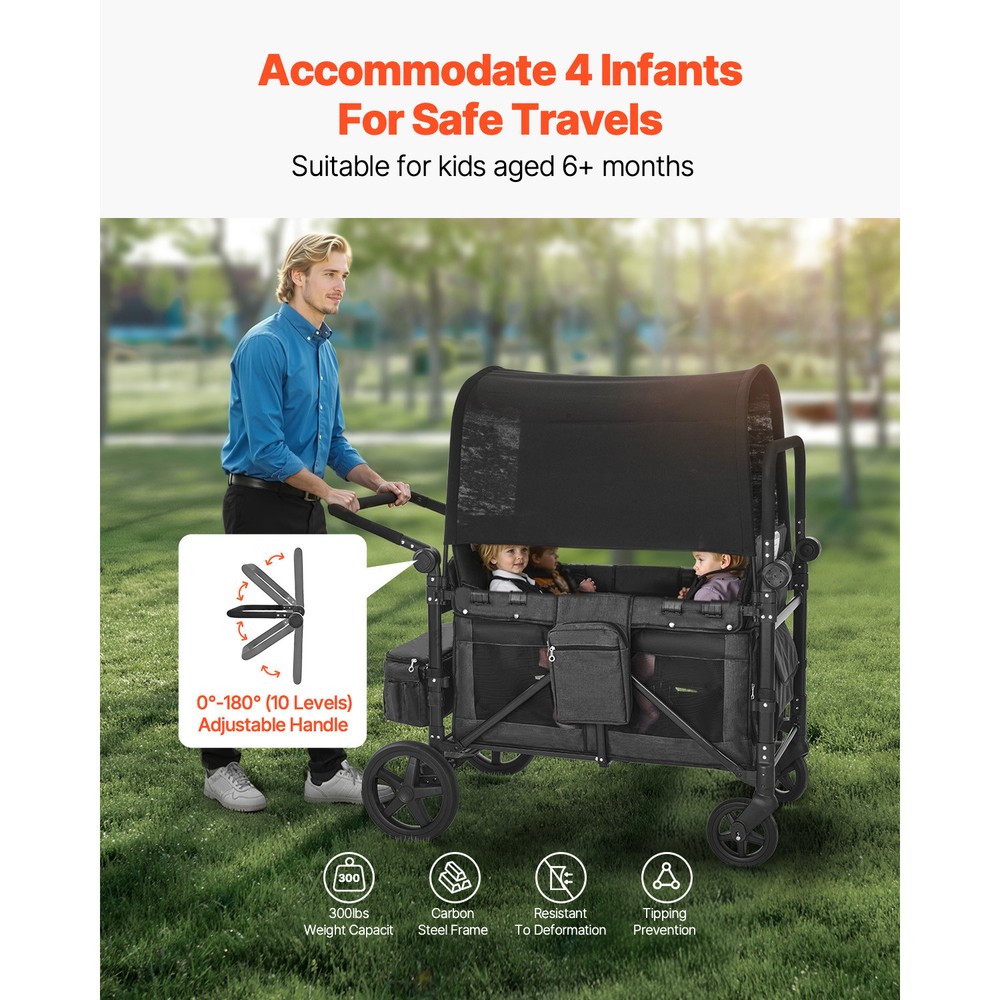 Wagon Stroller 4 seater Push Pull Quad Collapsible Stroller 330LBS with Canopy