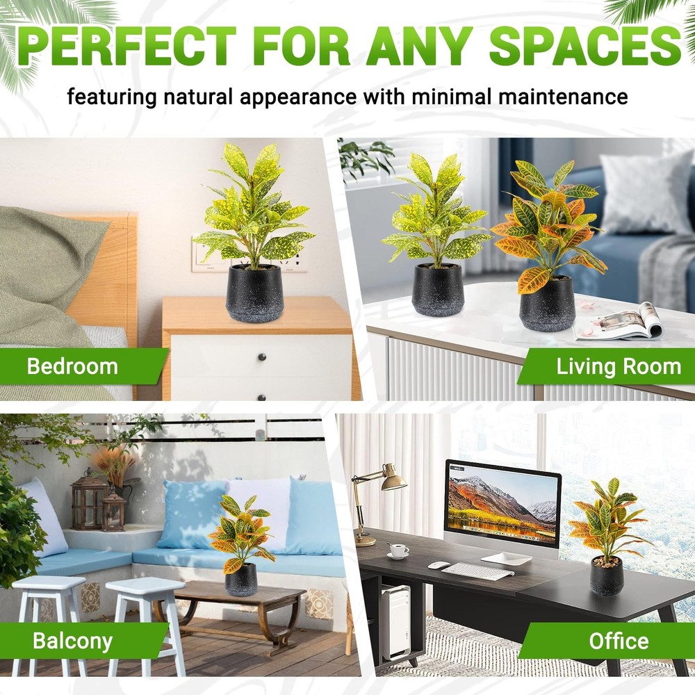 2 Pack Realistic Artificial Potted Plants Codiaeum Variegatum, 11.8" Small Fa...