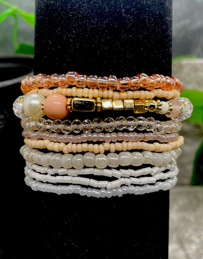 10 PC Handmade Boho Beaded Stackable 6.5" Plus Stretch Bracelet Set New A1948