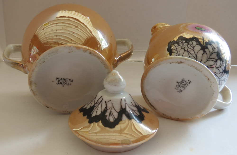 Orange Lusterware Double Handle Sugar Bowl & Creamer Set Hand Painted