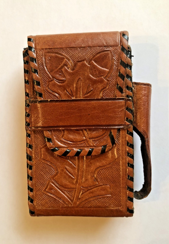 Vtg Handicrafted Tooled Leather Cigarette Case Mexican w/ lighter holder