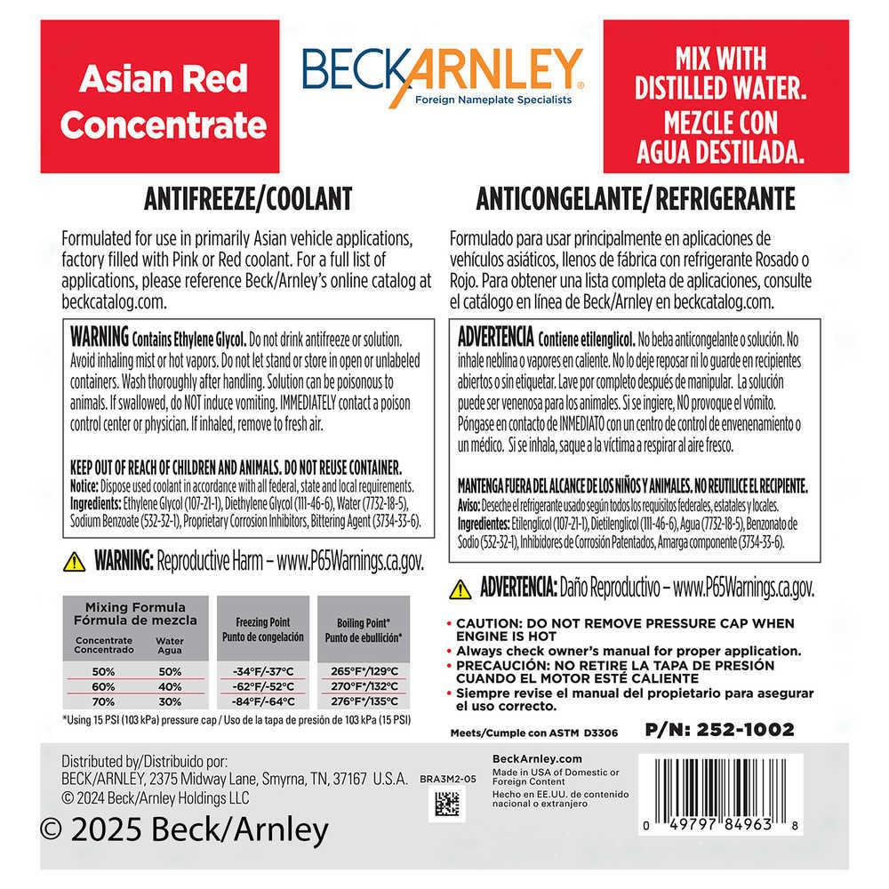 Engine Coolant / Antifreeze Beck/Arnley 252-1002