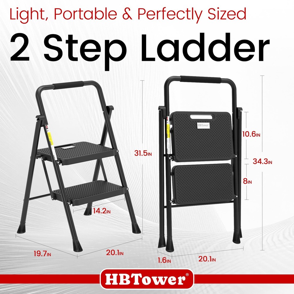 HBTower Step Ladder, Folding Stool with Wide 2 Black
