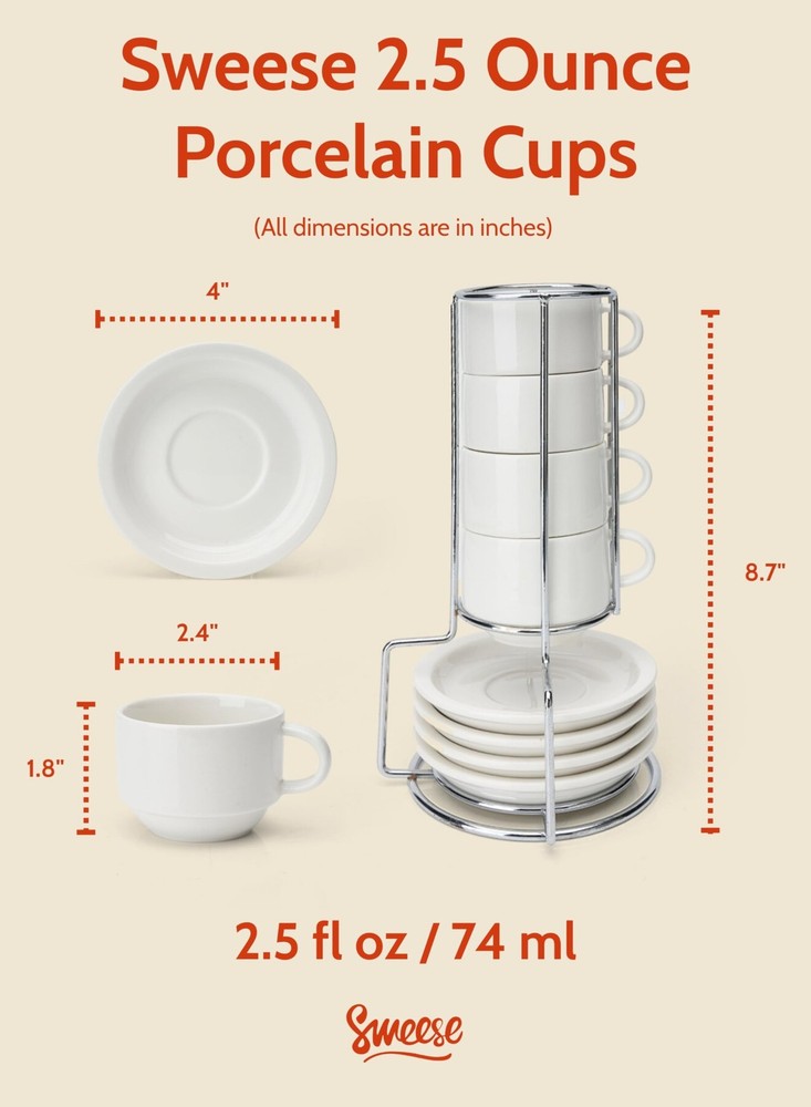 Sweese 2.5 Ounce Porcelain Stackable Espresso Cups with Ounces, White
