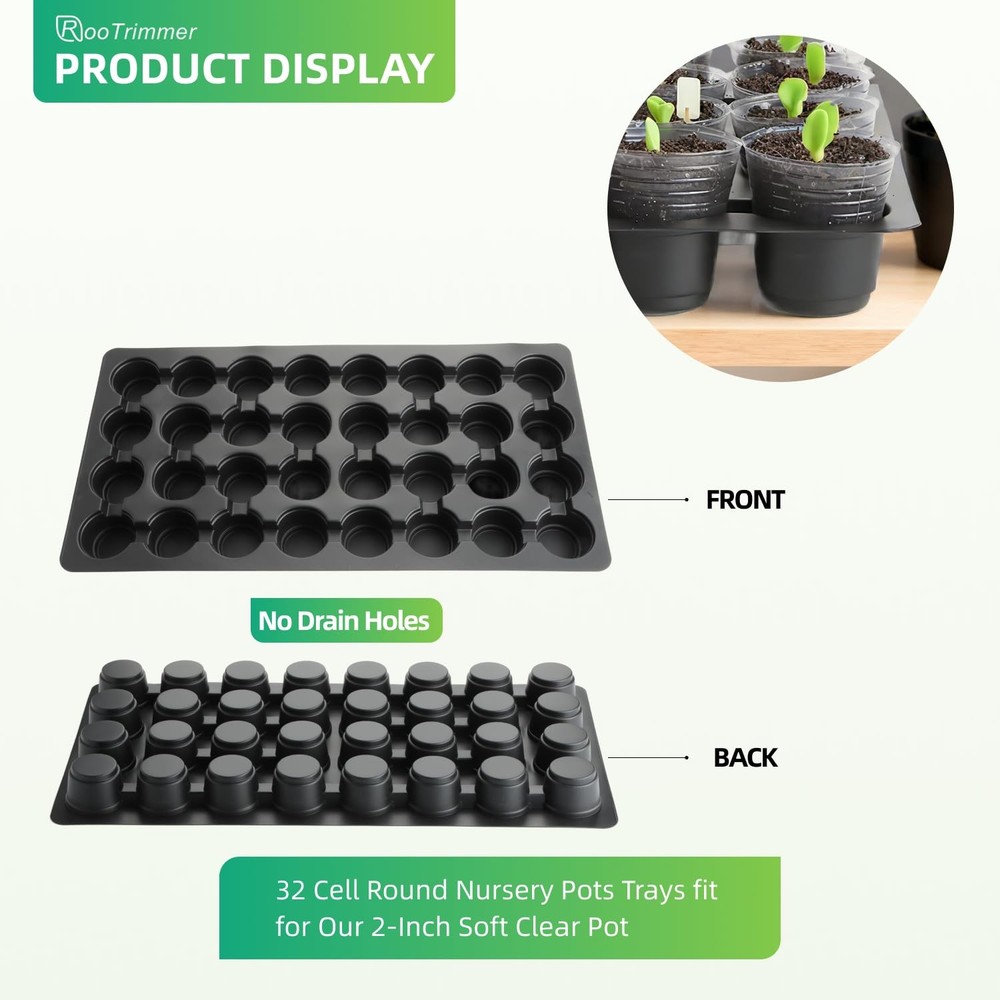 5-Pack 32 Cell Seedling Trays & 160 Pack 2" Soft Clear Nursery Pots -Thickene...