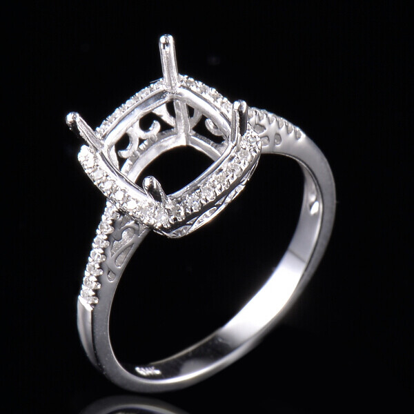 Cushion Cut 8×8mm Natural Diamond Semi Mount Ring Setting Solid 14K White Gold