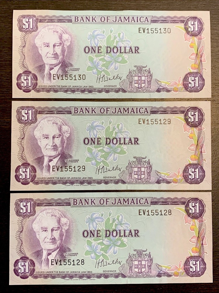 1982 $1 Jamaica UNC Consecutive Series 3 Banknotes