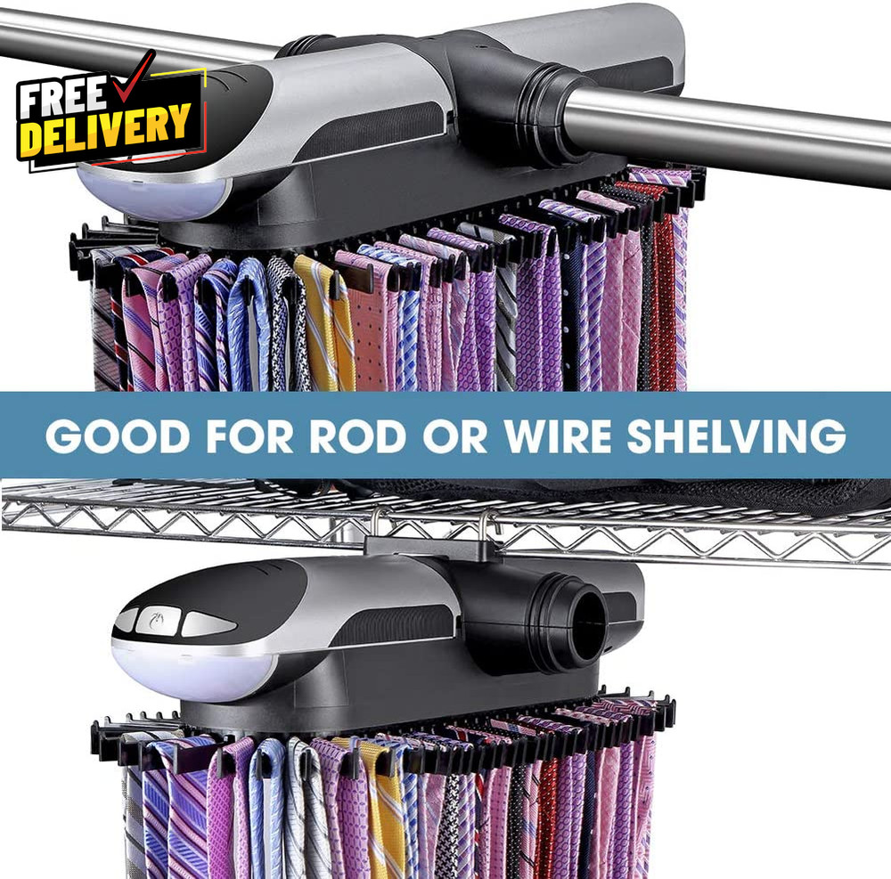 Motorized Tie Rack Closet Organizer with LED Lights Includes J Hooks for Wired..