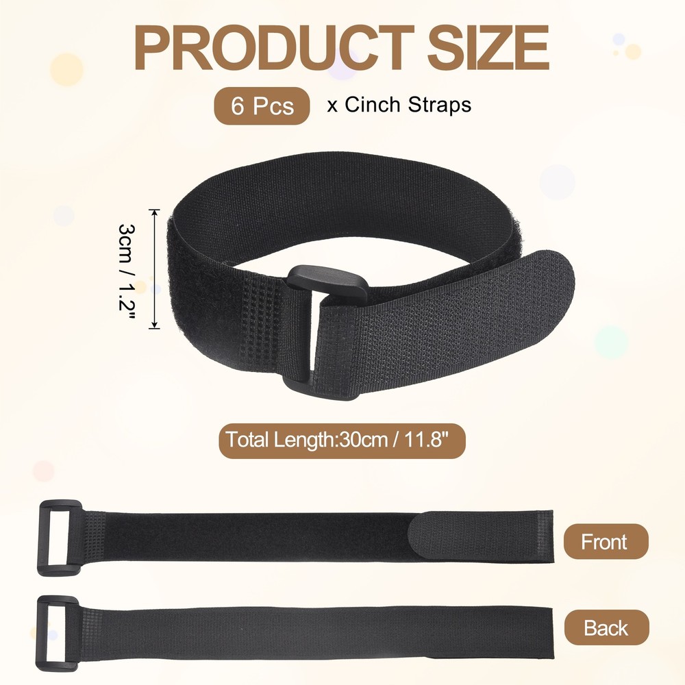 6pcs Reusable Cinch Straps 1.2"x11.8" Hook and Loop Cable Securing Straps, Black