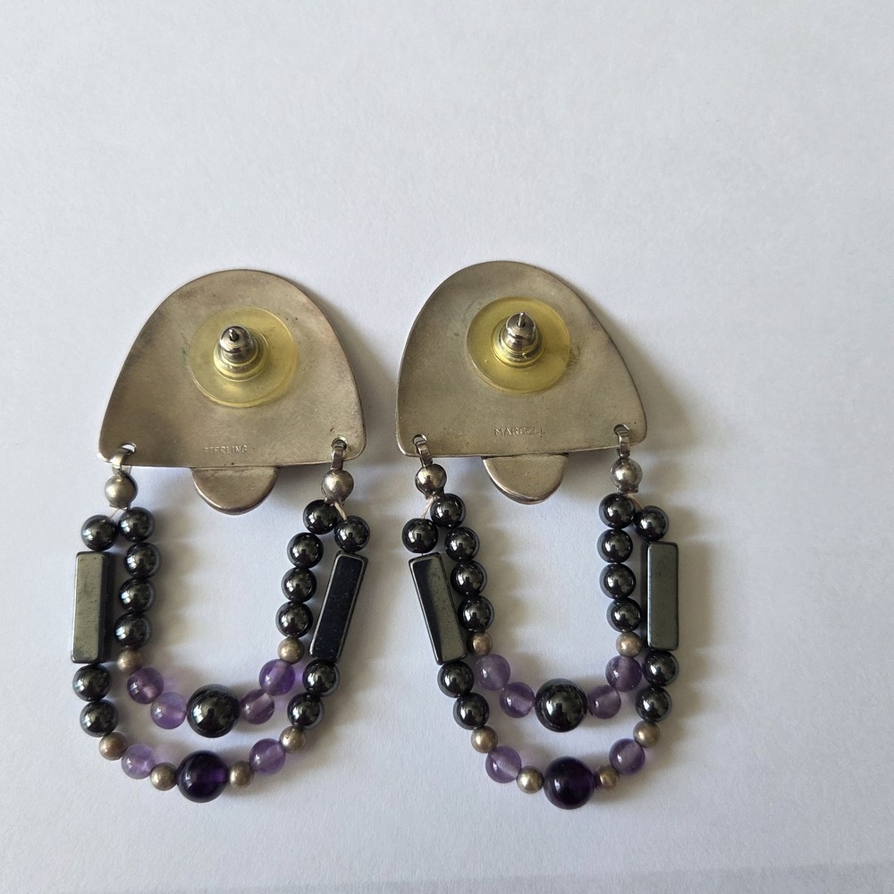 Signed MARCELL Southwestern Sterling Stud Earrings Hematite & Amethyst