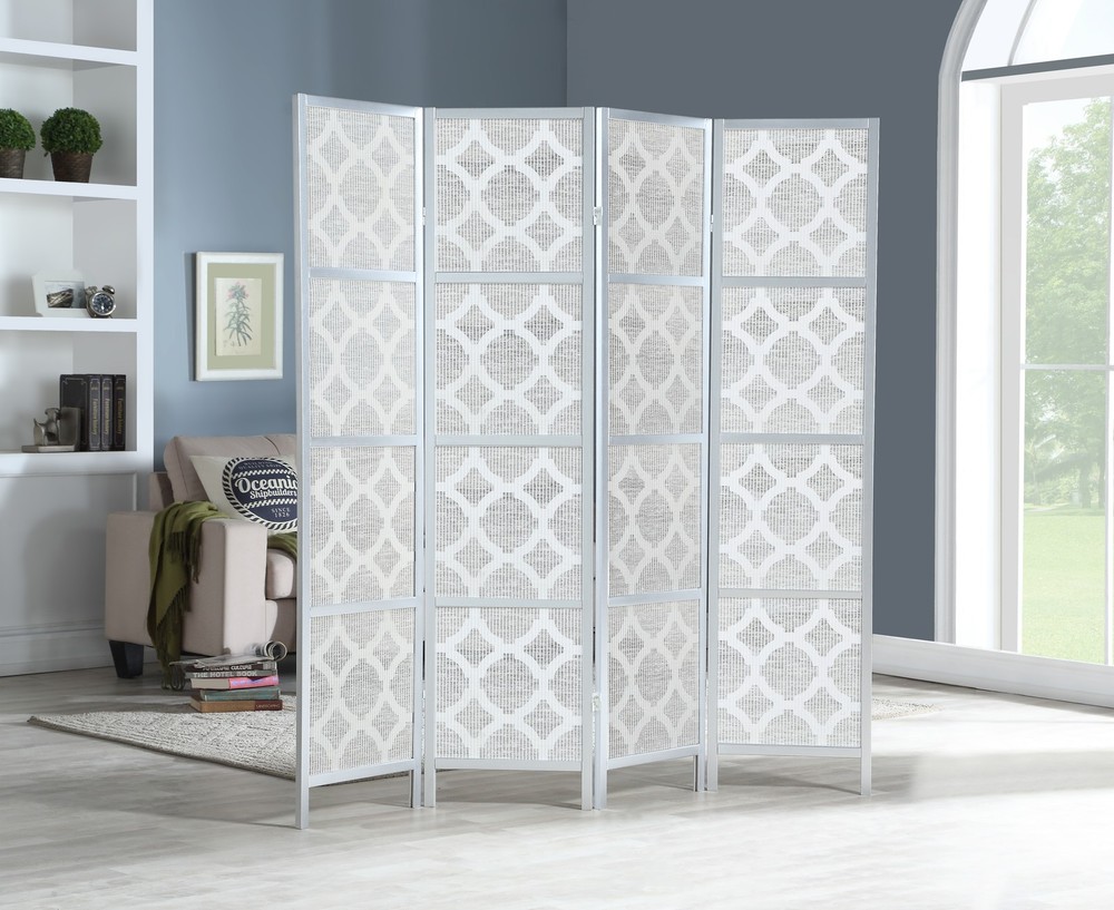 Infused Diamond Design 4-Panel Room Divider Screen, Modern Silver Partition