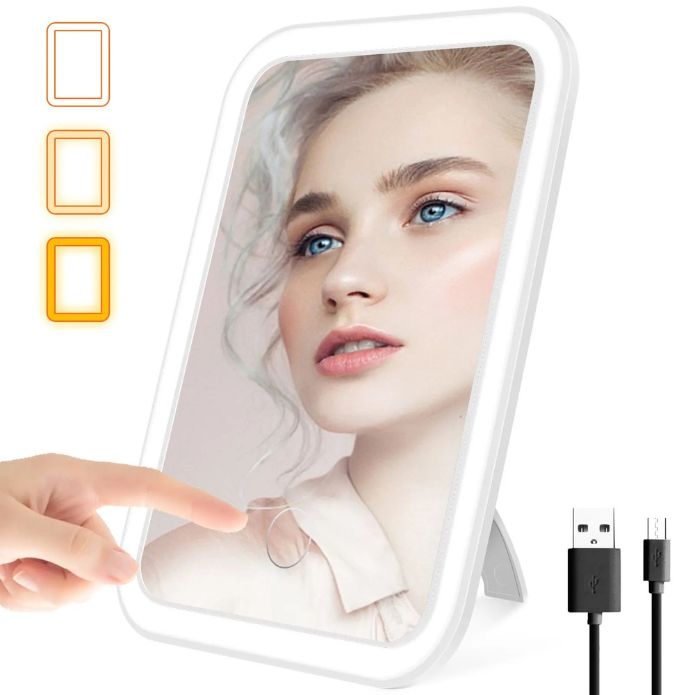 LED Dimmable Makeup Mirror 3 Color Light Modes Adjust Brightness USB Portable Fo