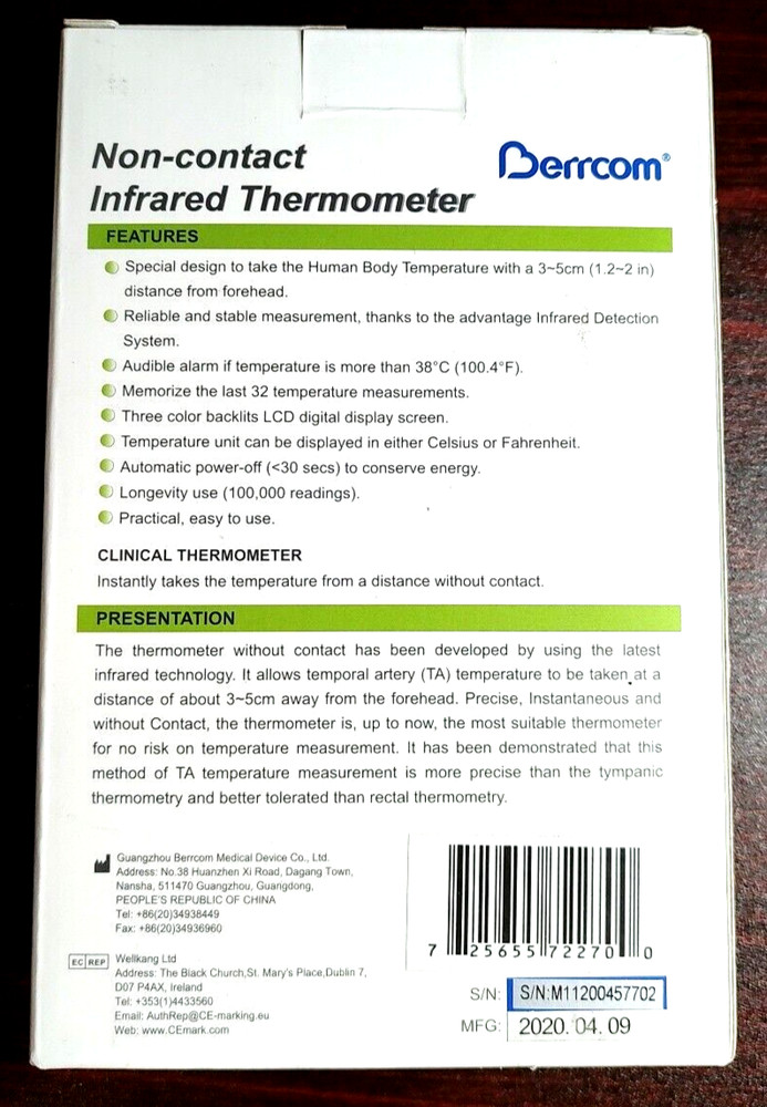 Berrcom Infrared Forehead Thermometer JXB 178 NonContact 1 Second Testing