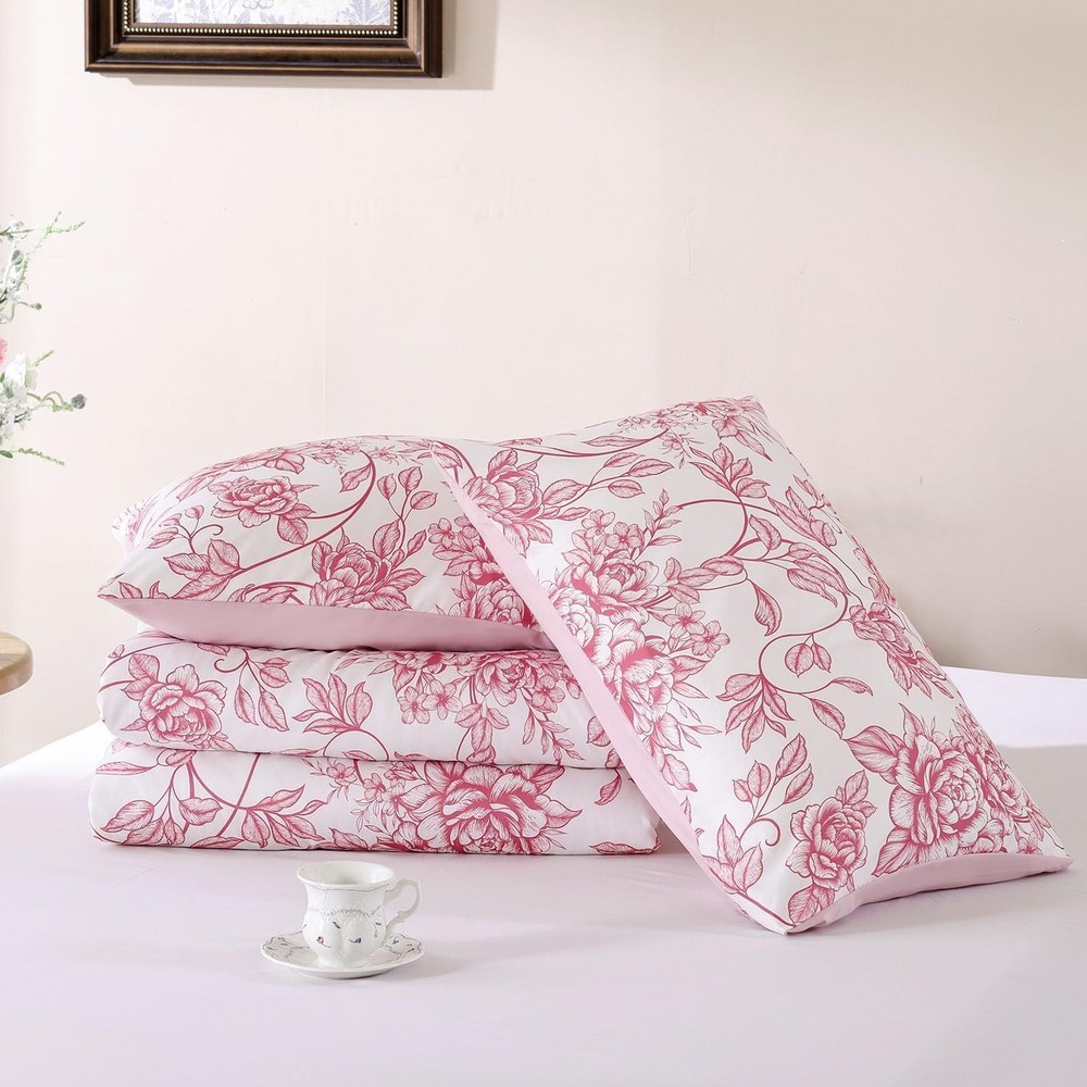 JANZAA Queen Size Comforter Set Pink Comforter Floral Peony Pattern Bedding S...