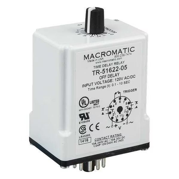 Macromatic Single Function Time Delay Relay, Octal, Off Delay, 1 Functions 12V