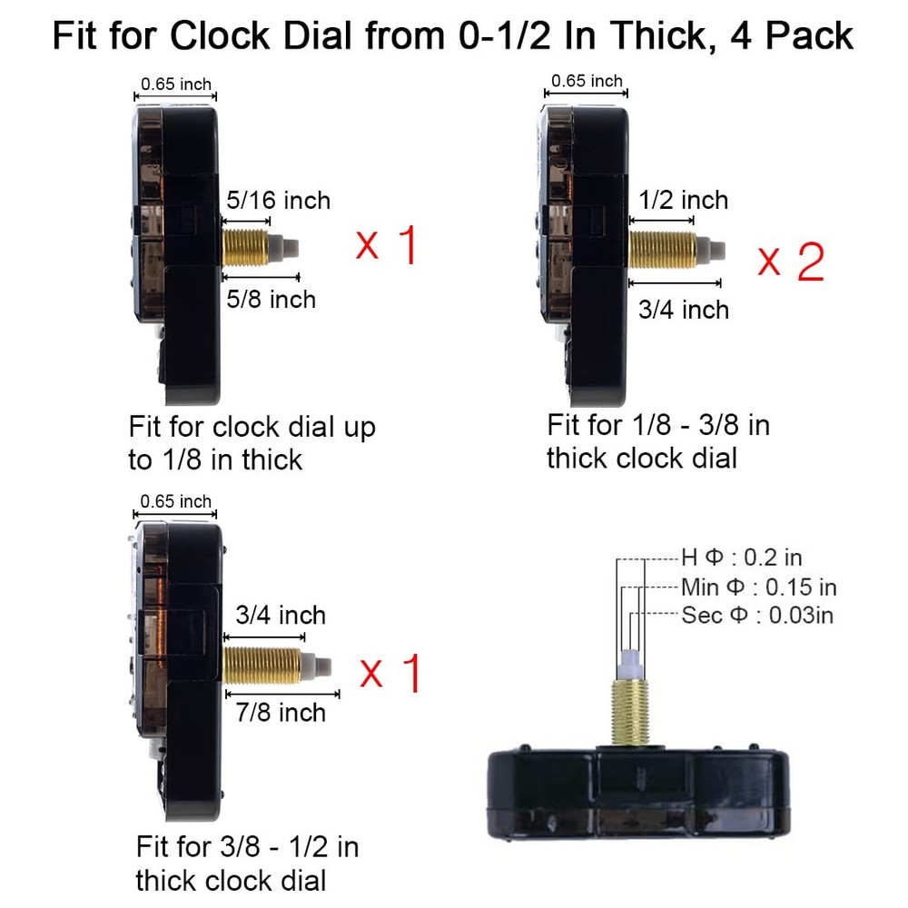 EMOON 4 Pcs Different Shaft Clock Mechanism kit with 8 Pack Black