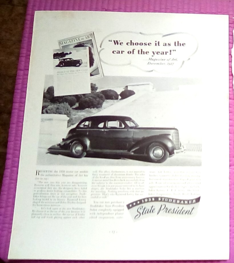 1938 Studebaker Print Ad: State President - 10x13