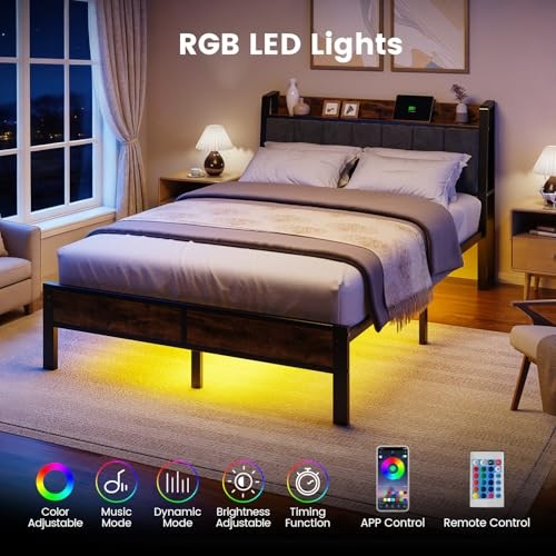 Full Size Bed Frame with Smart LED Light, Wood Storage Charging Station