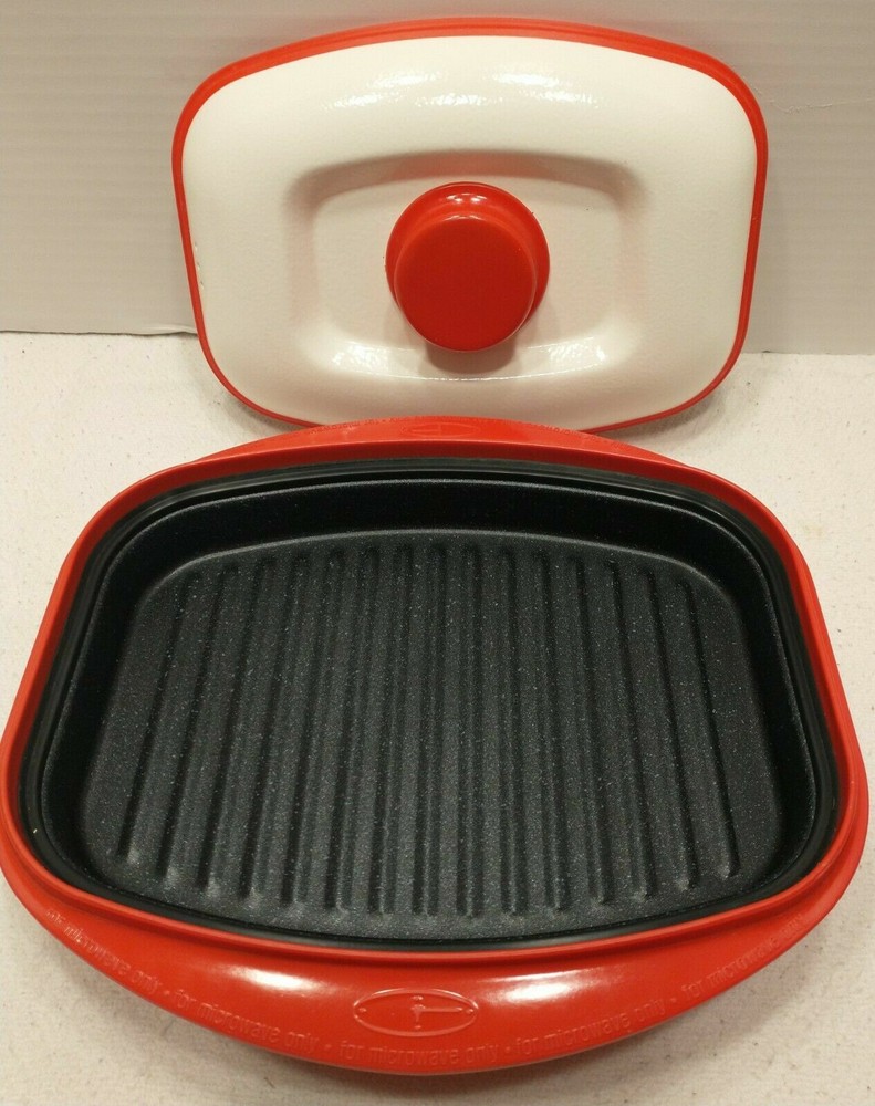 RANGE MATE MICROWAVE GRILL pan steaks RED/WHITE RECTANGULAR covered dish