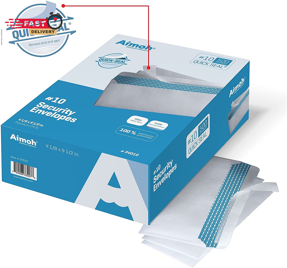 Aimoh 500#10 Security Self Seal Envelopes, Windowless, Premium Security Tint Pat
