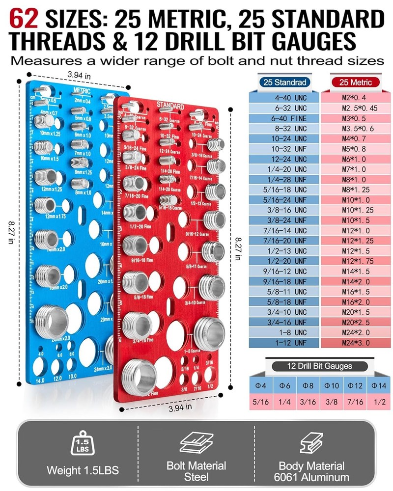 62 Pcs Nut and Bolt Thread Checker - 25 Standard + 25 Metric Thread Gauges |