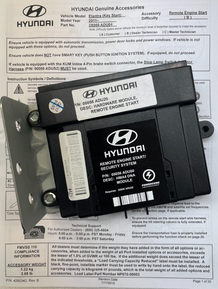 NEW OEM Hyundai Remote Start Control Module Brain ONLY+ Instructions 00056 ADU80
