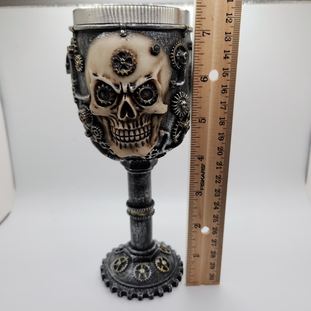 Steampunk Mechanical Gearwork Skull Face Wine Goblet 7.5”