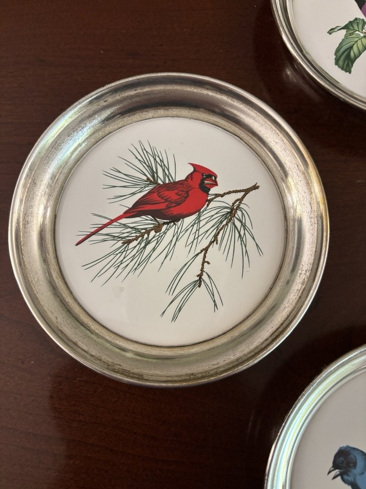 Vintage Sheridan Silver Plated 4 Bird Coasters 4.5”