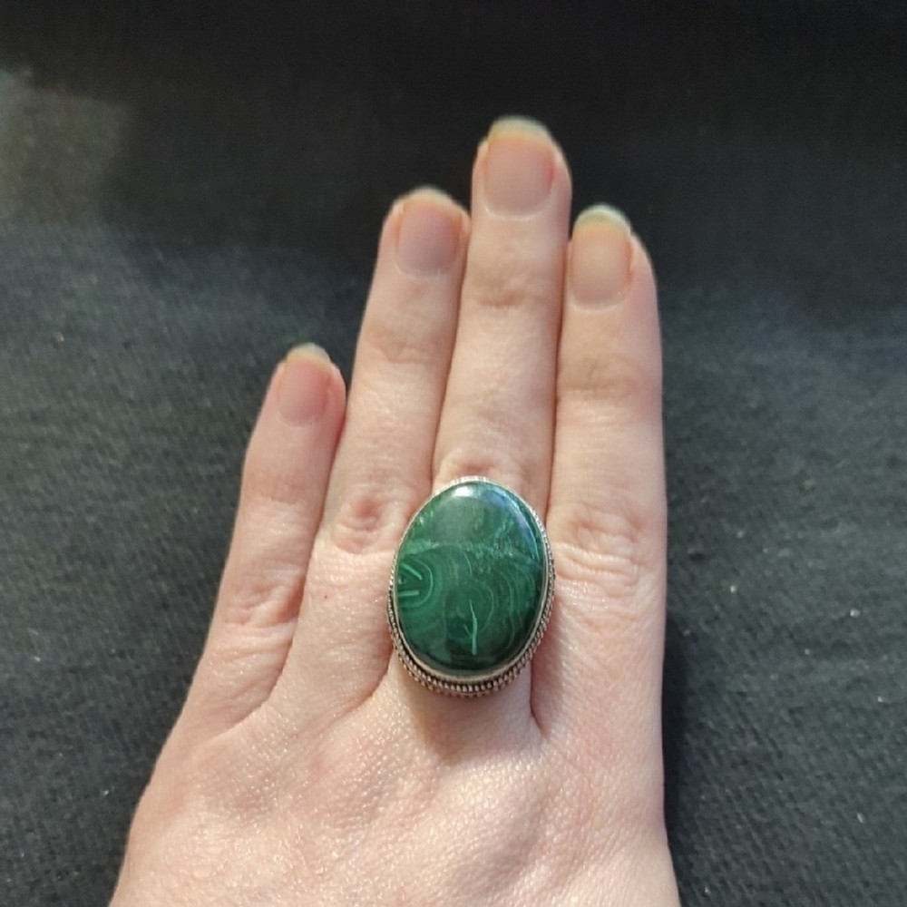 Silver Plated Green Malachite Gemstone Oval Chunky Oversized Statement Ring 7-9
