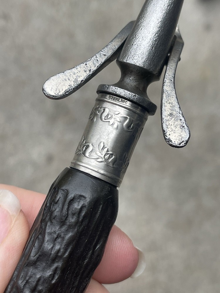 Antique Meat Carving Fork w/ synth black Stag Handle Sterling Silver Collar NICE
