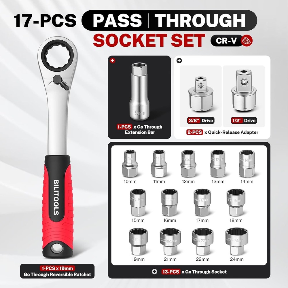 17PCS 3/8" & 1/2 Pass Through Socket Set 2-In-1 Conversion For Standard